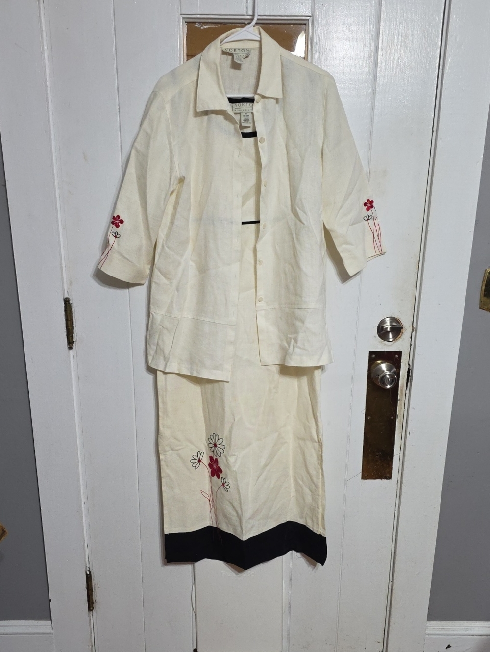Norton McNaughton Cream Linen Dress(Sz M) & Jacket(Sz S) Floral Embroidery  EUC